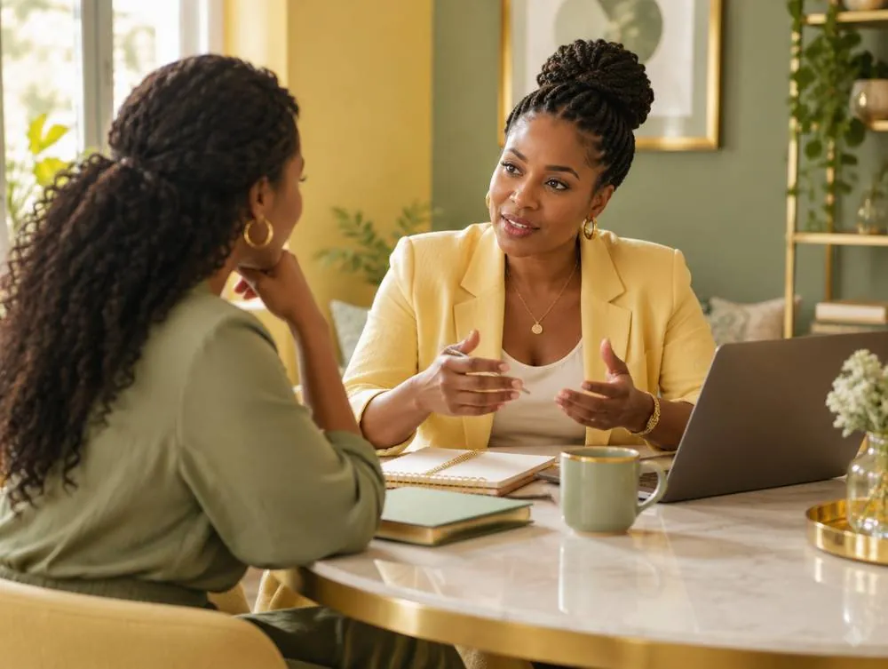 A coach explaining a growth plan to a client at a round table