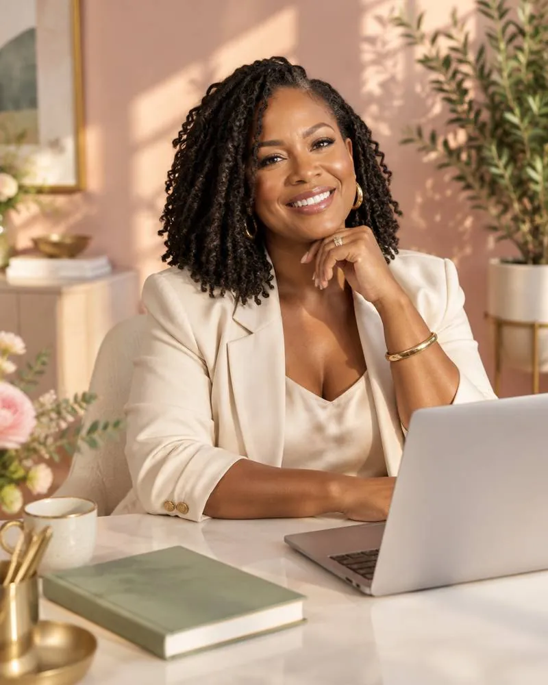 A smiling entrepreneur at her desk
