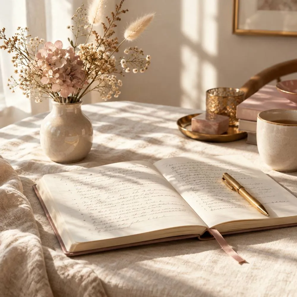 An open journal and gold pen on a sunlit table