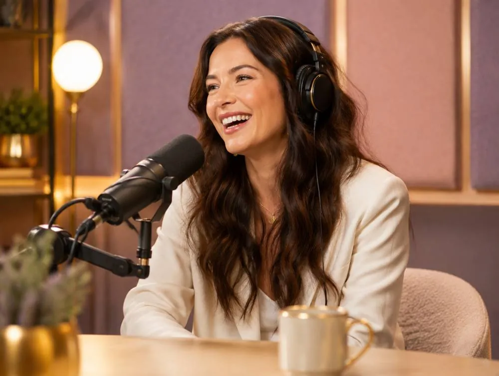 A guest laughing during a podcast recording
