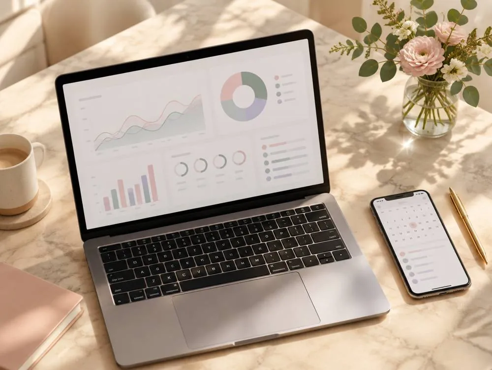 A laptop showing a business dashboard beside a phone calendar