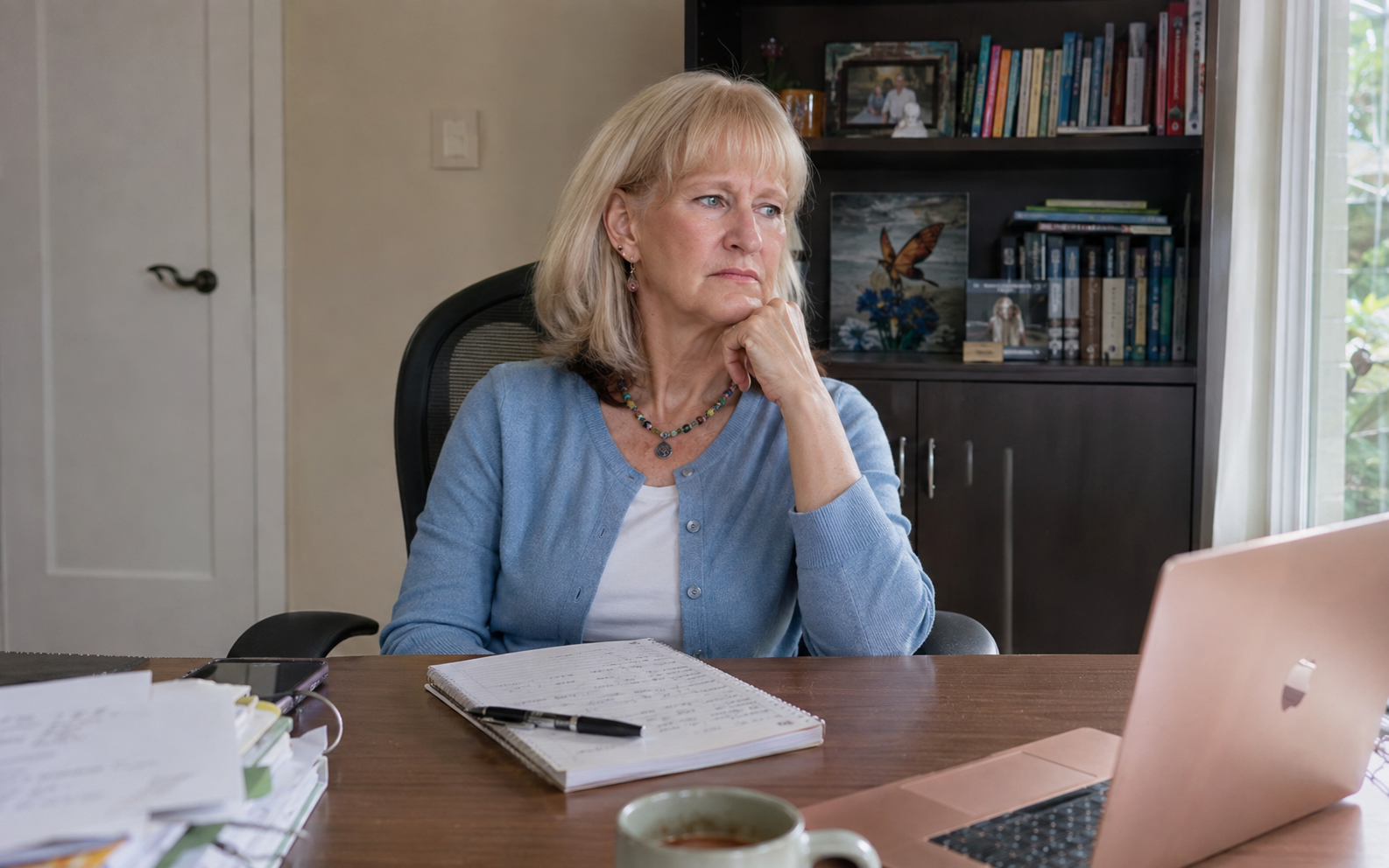 "Woman sitting still at her desk looking uncertain — the tension between high achievement and burnout recovery for driven women" "Woman sitting still at her desk looking uncertain — the tension between high achievement and burnout recovery for driven women"