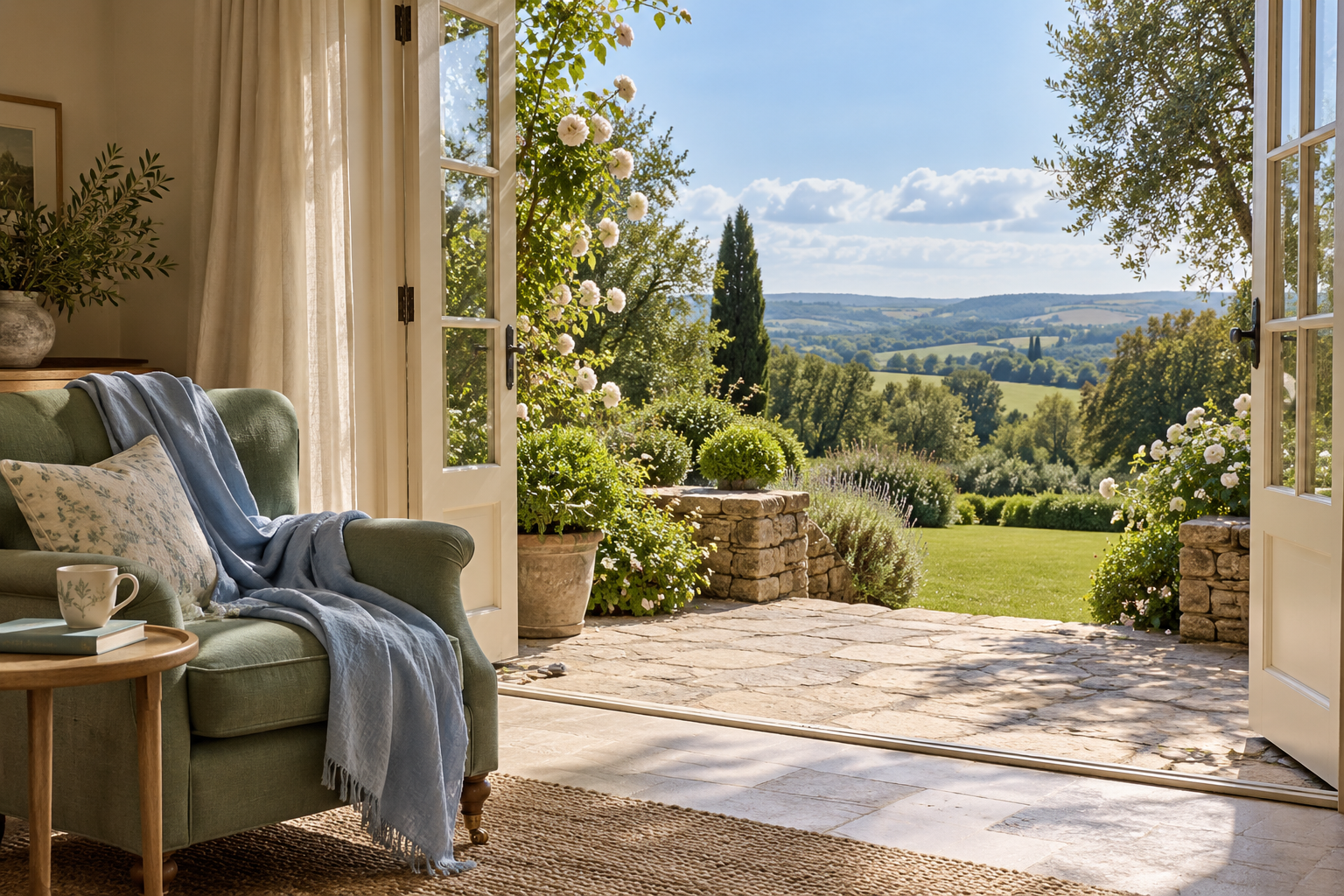 Open French doors beside a comfortable reading chair, looking out to a peaceful garden and rolling hills