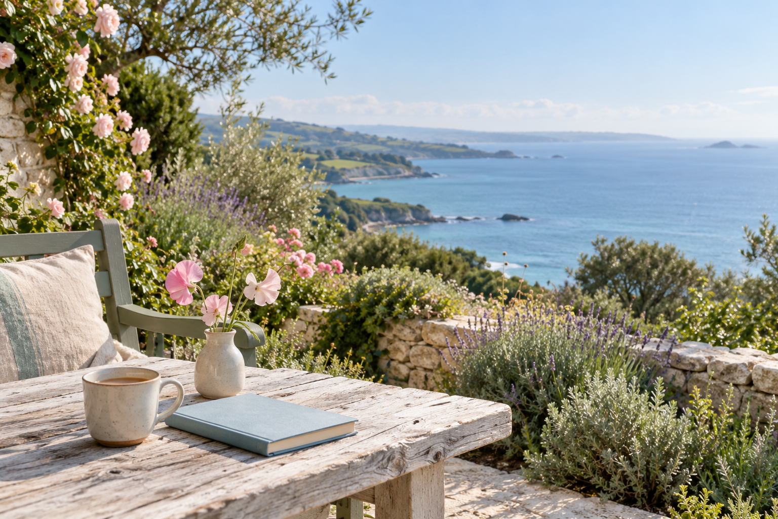 A notebook and a warm drink in a peaceful coastal garden overlooking the sea