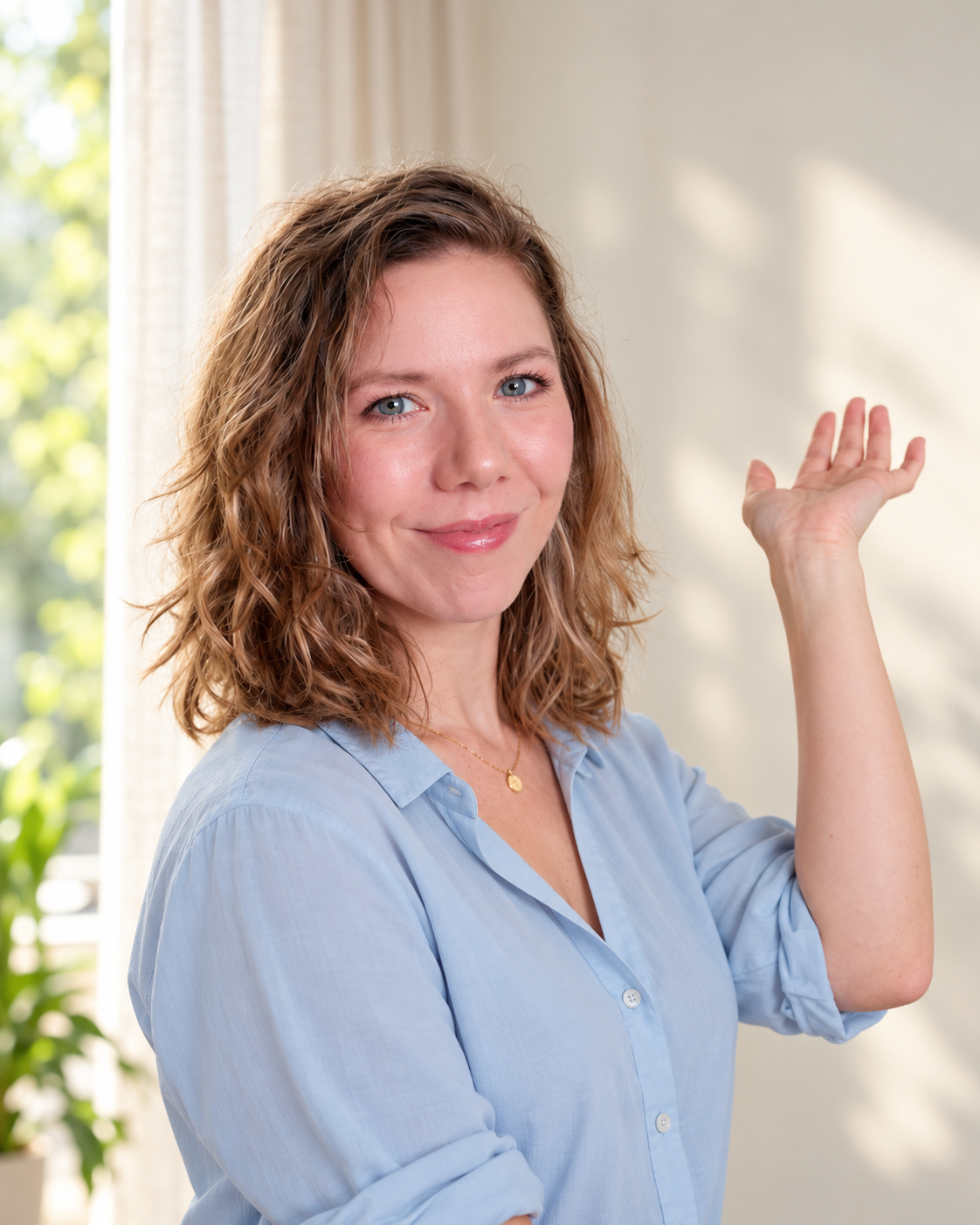 Marie Cowgill smiling with one hand raised, wearing a sky-blue blouse