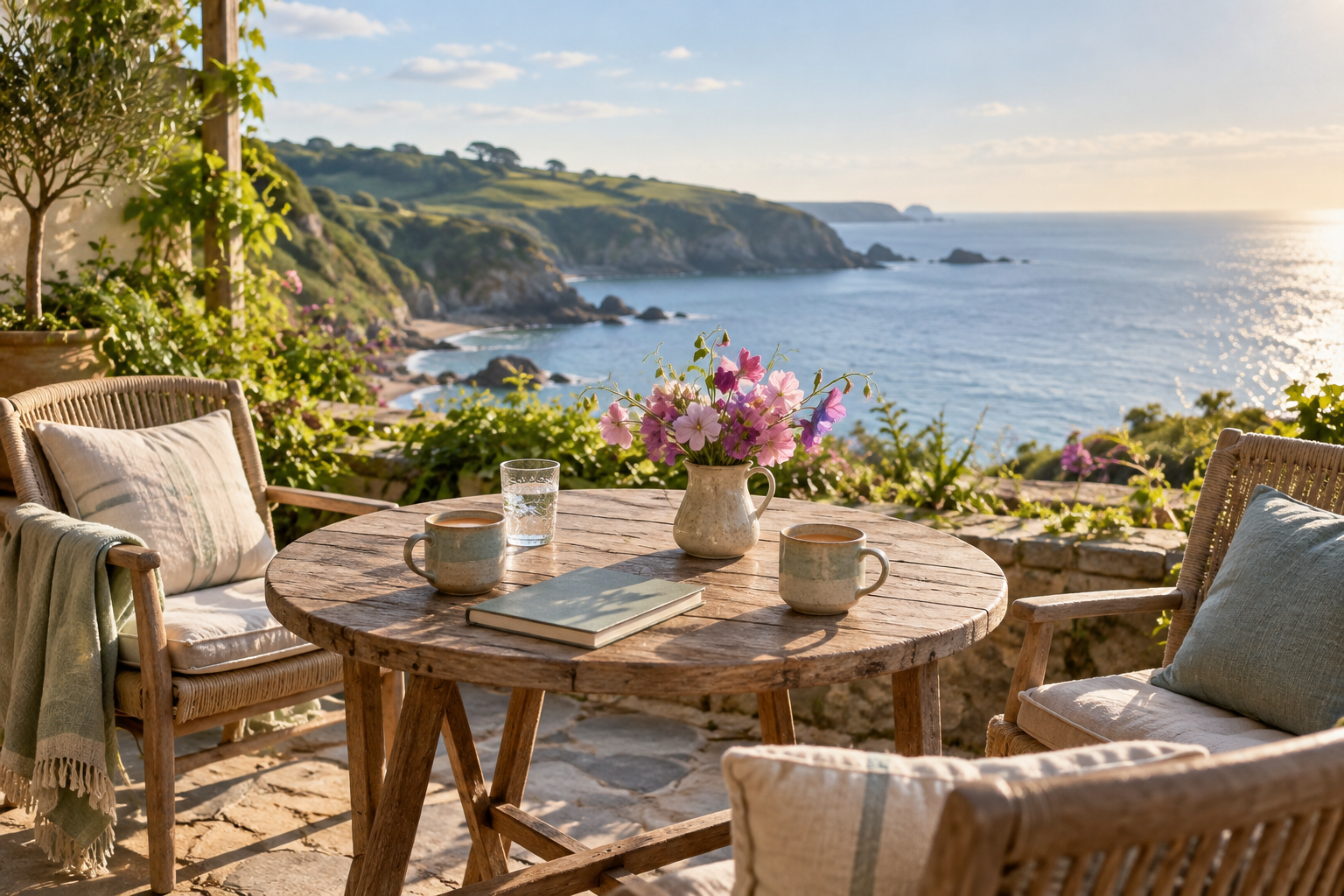 A coastal terrace with three chairs, mugs and an open view of the sea