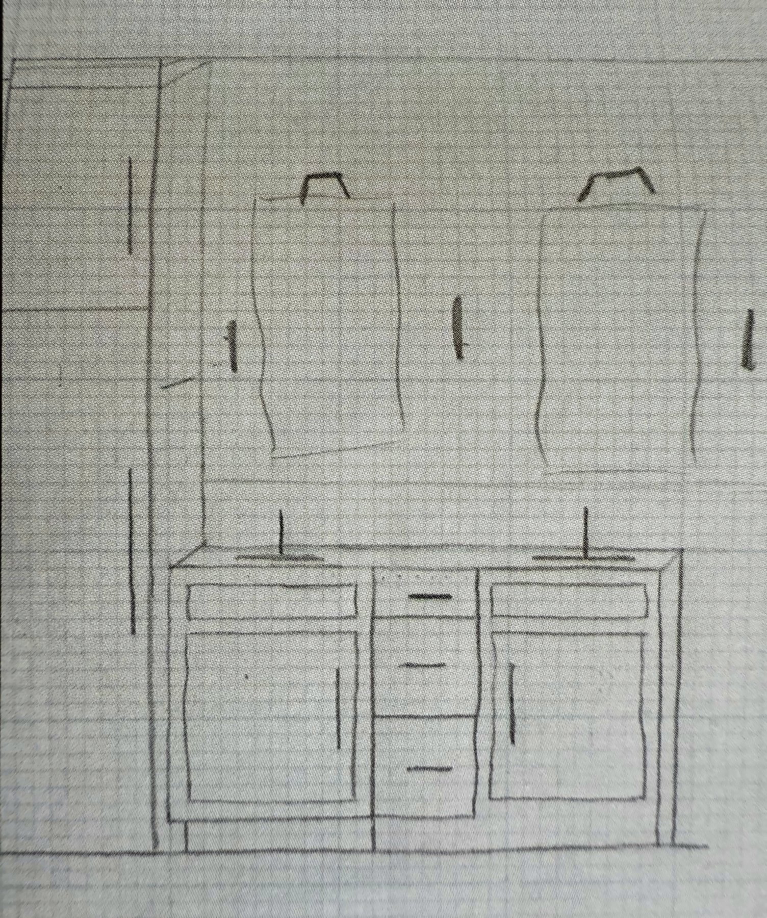 Hand sketch of the master bathroom double vanity and linen cabinet