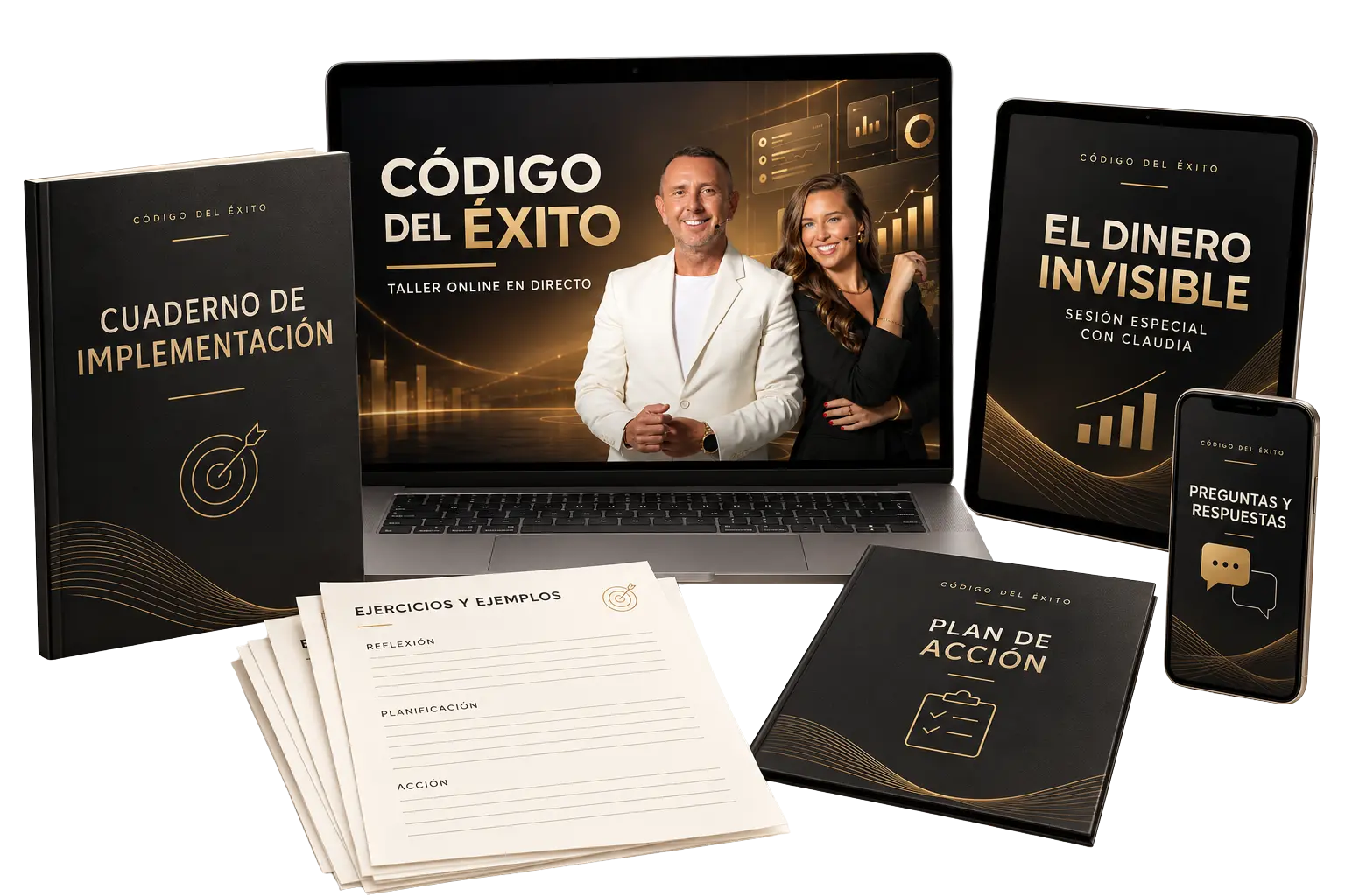 Contenidos de Código del Éxito: taller online, cuaderno de implementación, ejercicios, preguntas y respuestas, plan de acción y bonus El Dinero Invisible.