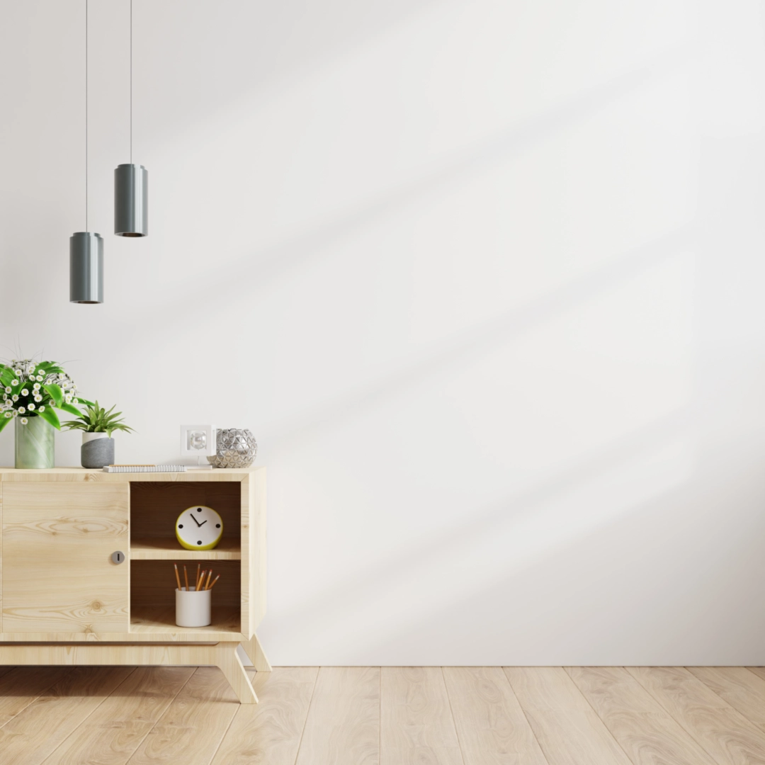 Minimalist living room featuring accent wall paint