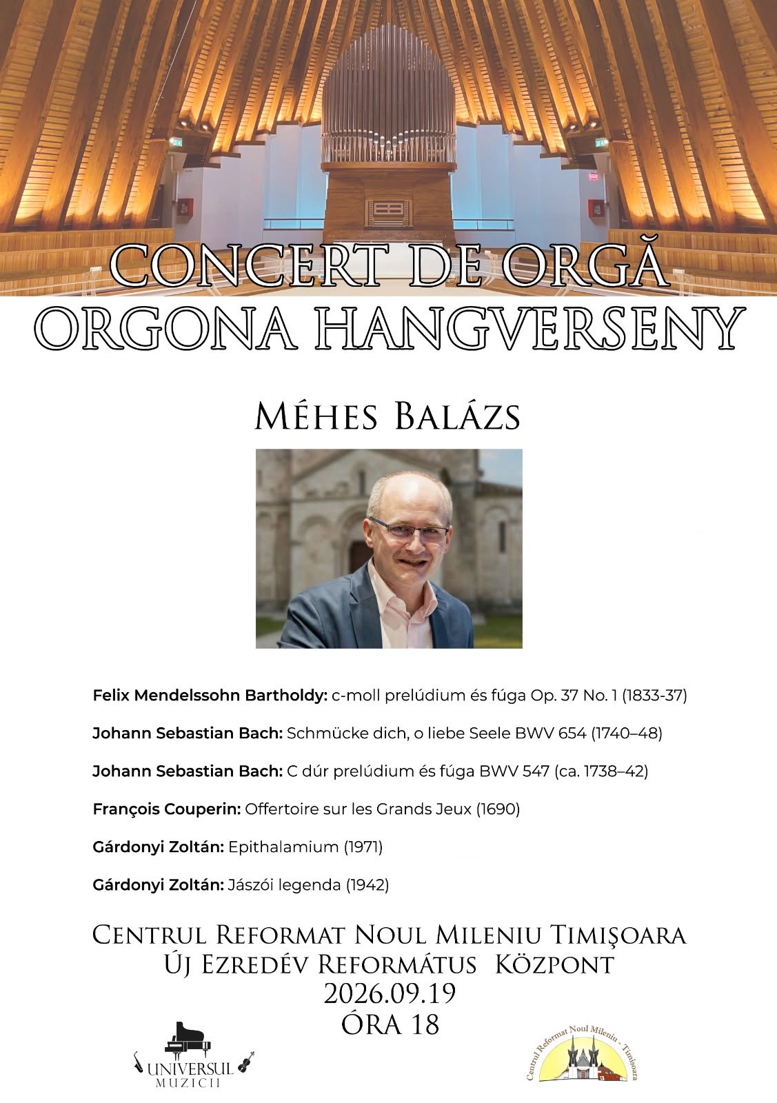 A Méhes Balázs orgonahangverseny plakátja az Új Ezredév Református Központban