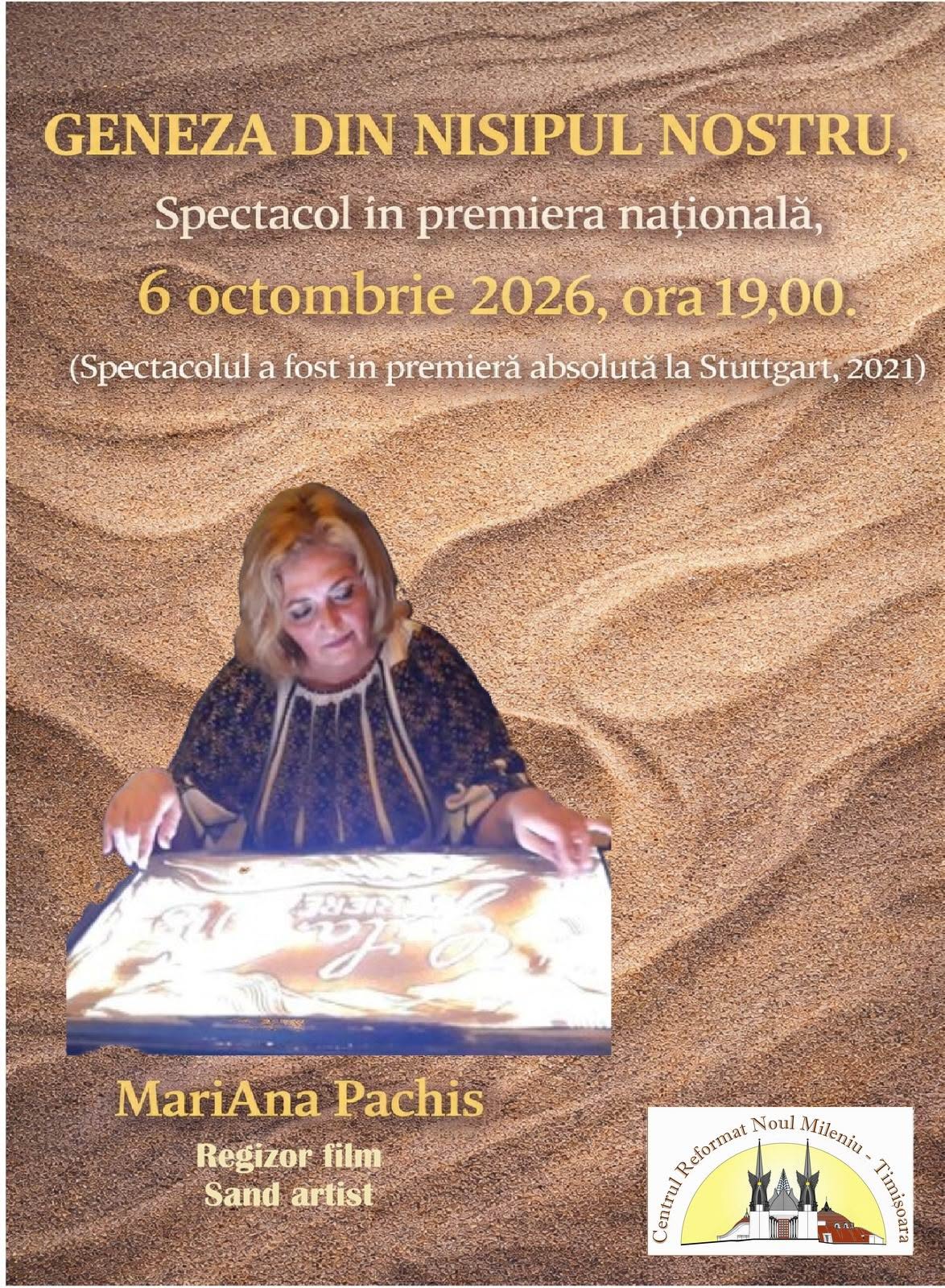 Poster of the „TEREMTÉS“ sand-painting performance by Mariana Pachis at the New Millennium Reformed Center
