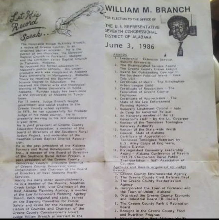 Judge William M. Branch's 1986 campaign record, Let His Record Speak, listing his awards and the agencies and boards he organized