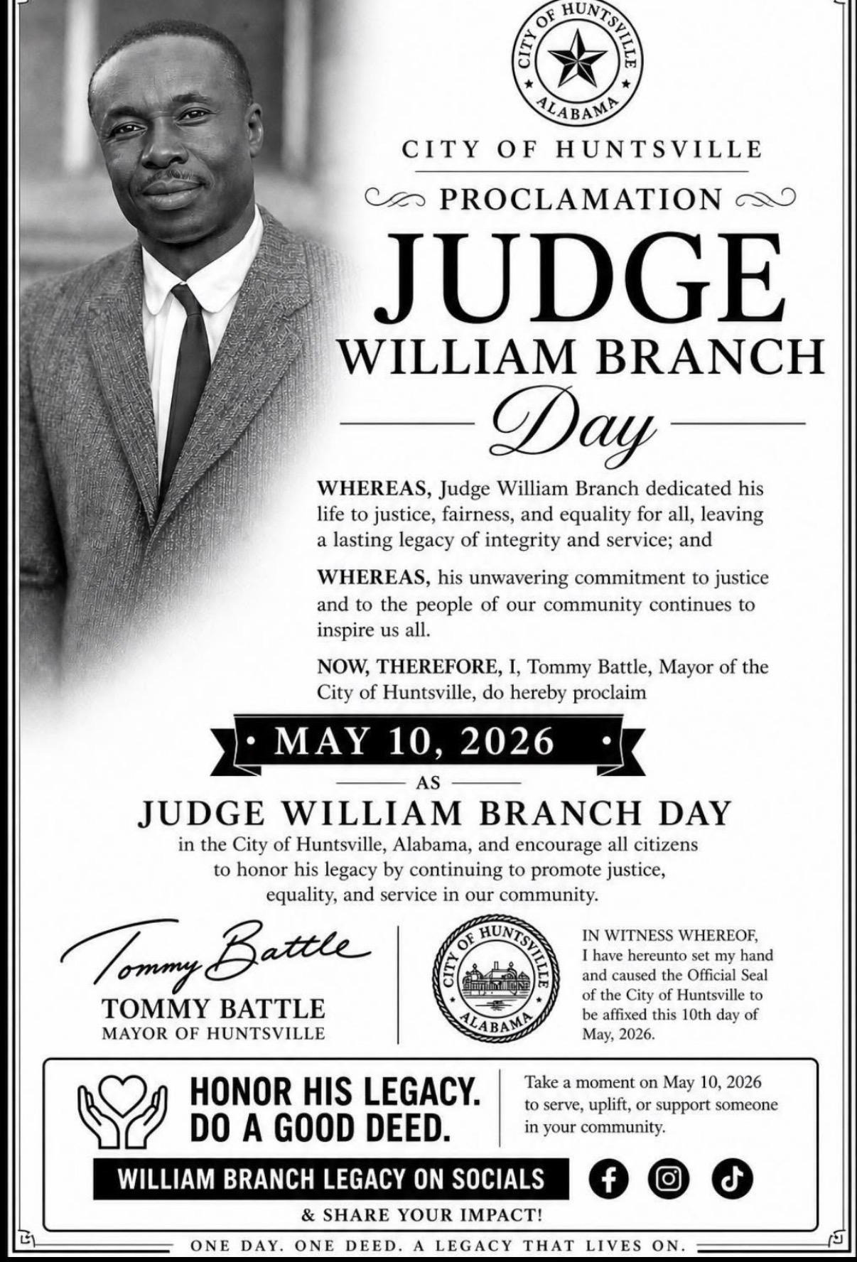 Proclamation declaring May 10, 2026 Judge William Branch Day in Huntsville