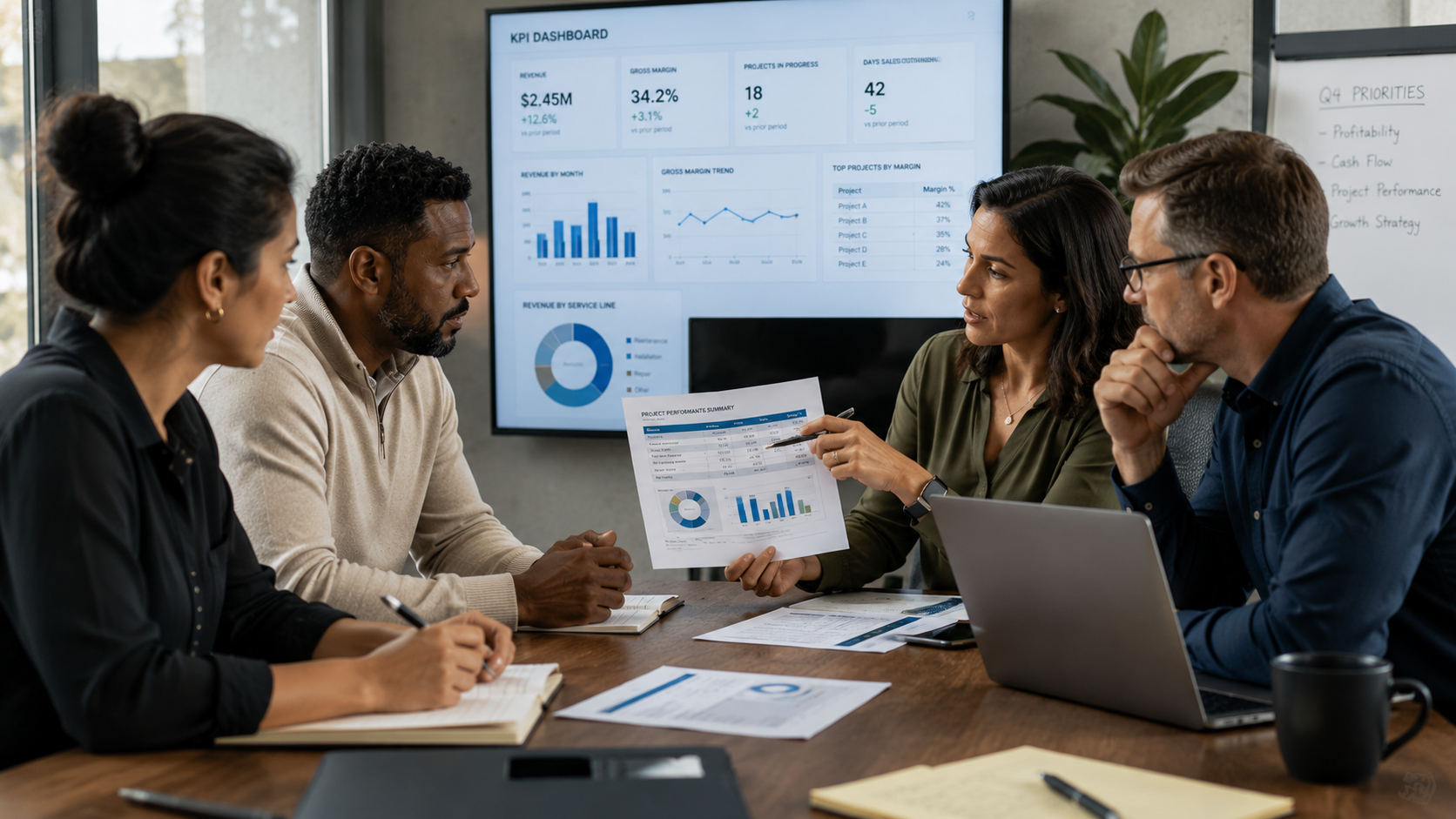 Leadership team reviewing financial performance, project margins, and key business indicators during a planning meeting. Leadership team reviewing financial performance, project margins, and key business indicators during a planning meeting.