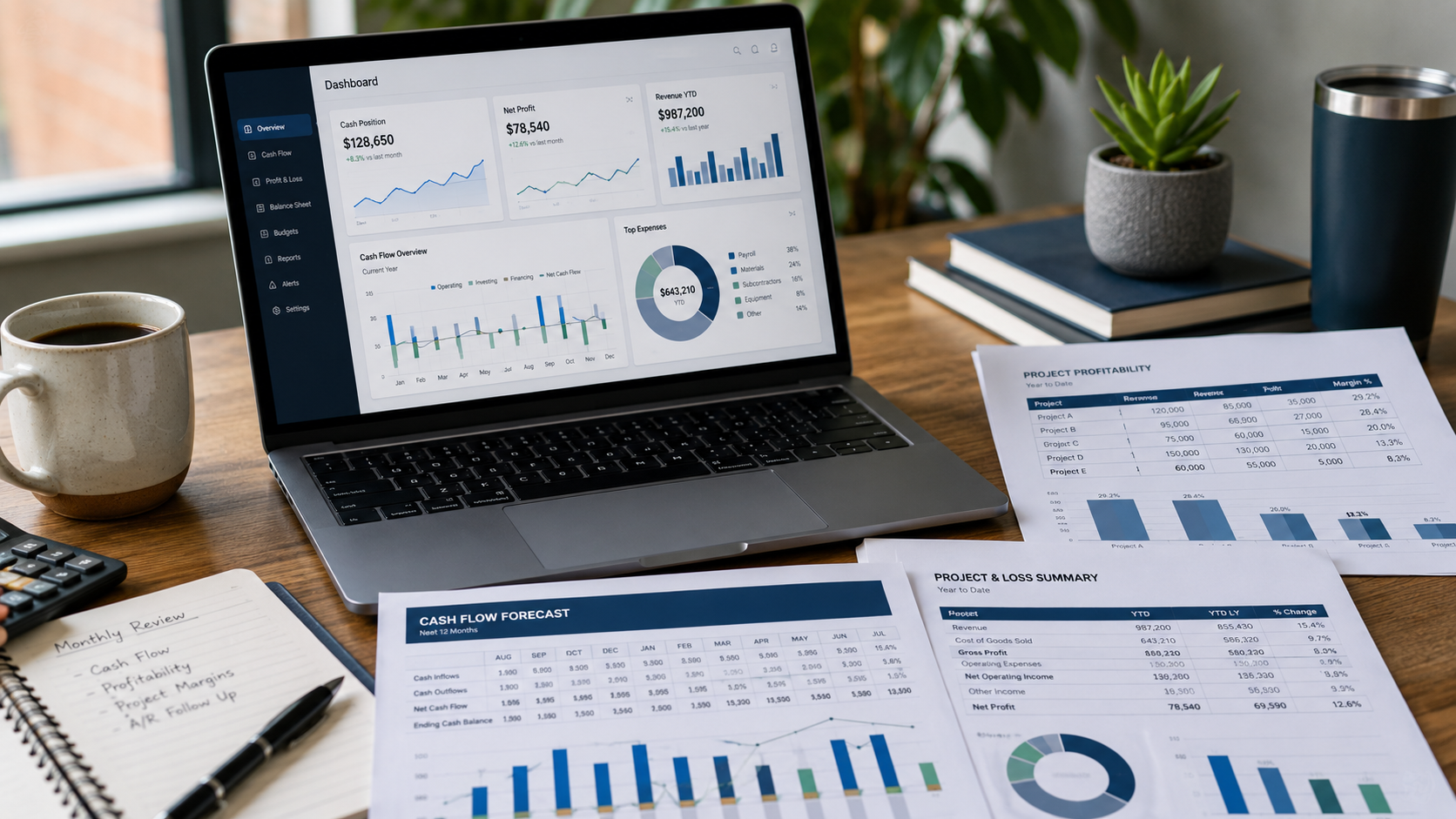 Financial dashboard and printed reports showing cash flow, profitability, and business performance metrics. Financial dashboard and printed reports showing cash flow, profitability, and business performance metrics.