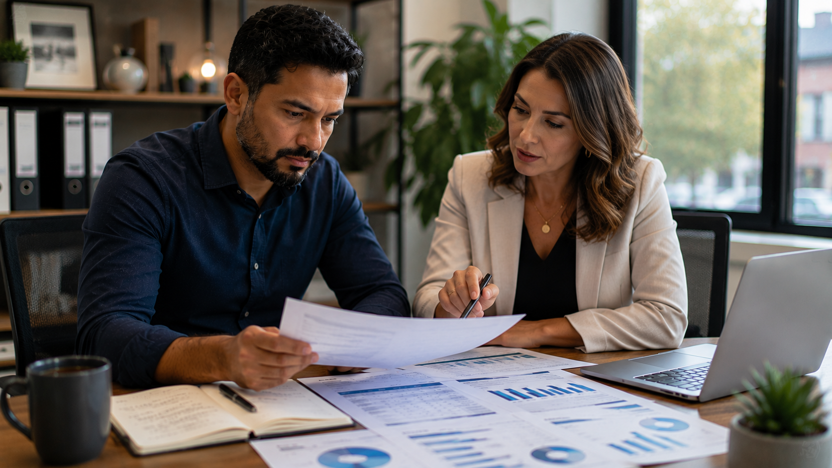 Business owner and financial advisor reviewing reports together to support strategic business decisions. Business owner and financial advisor reviewing reports together to support strategic business decisions.