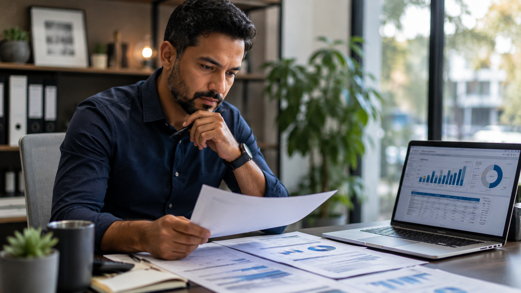 Business owner reviewing financial reports and performance dashboards to better understand the company's financial health Business owner reviewing financial reports and performance dashboards to better understand the company's financial health