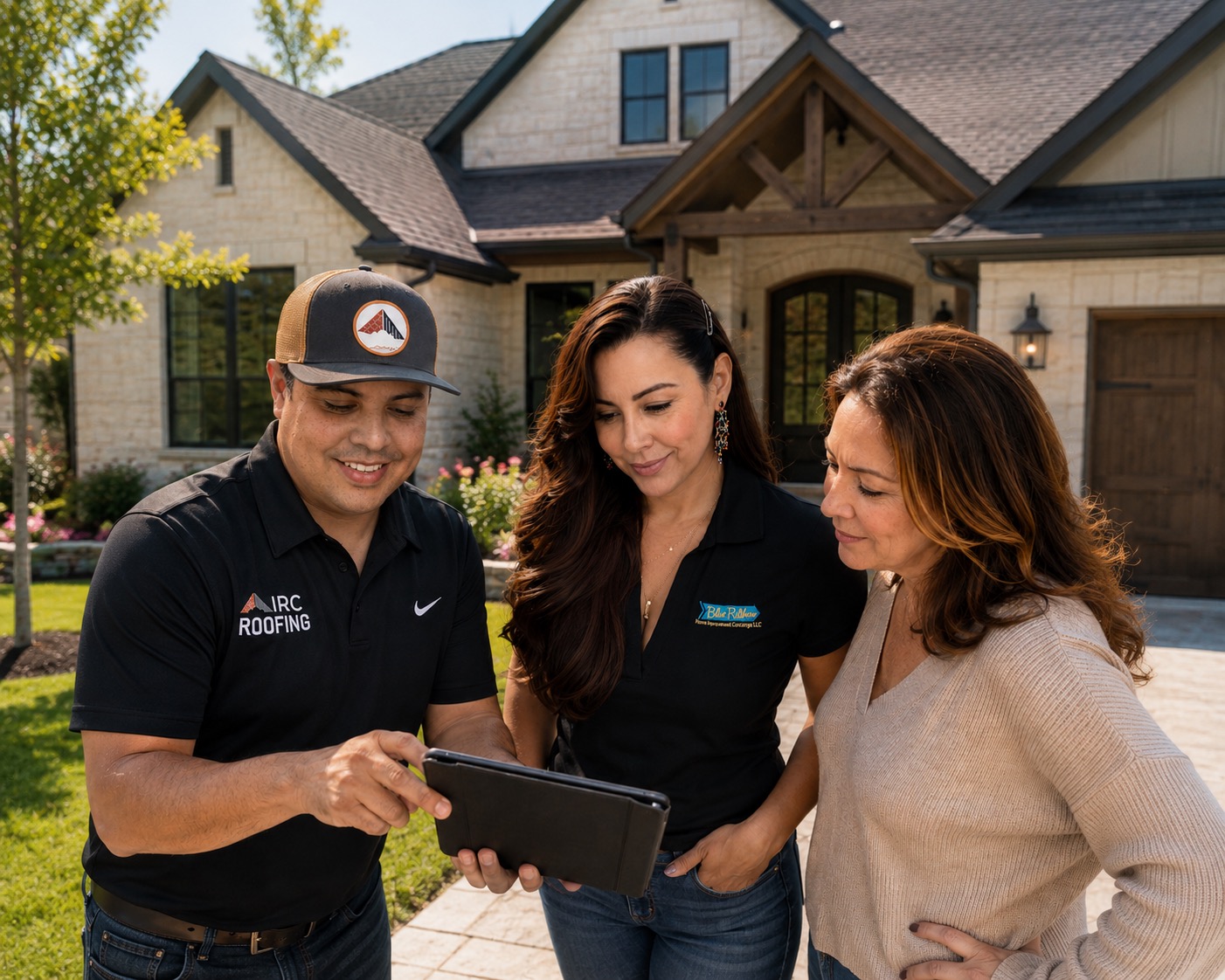 Illustration of a Blue Ribbon Home Improvement Concierge advisor and an IRC Roofing professional reviewing a roof assessment on a tablet with a homeowner outside a stone house