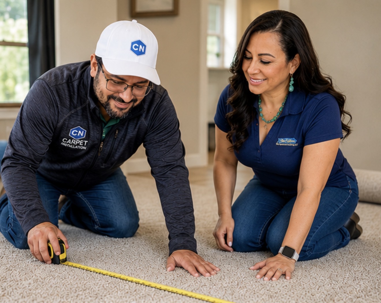 Illustration of a Blue Ribbon Home Improvement Concierge advisor and a flooring professional inspecting carpet inside a home