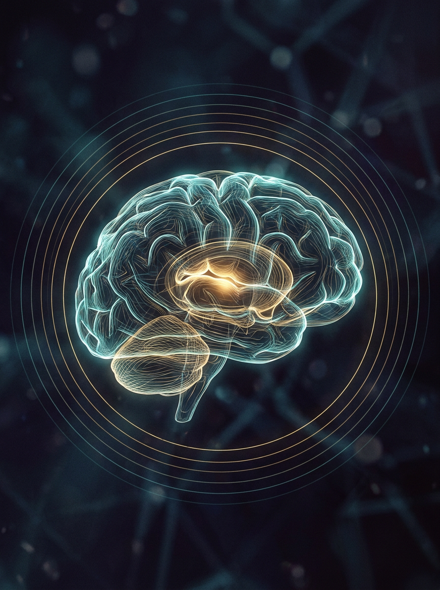 A glowing translucent brain with a highlighted golden region, radiating concentric gold and teal soundwave rings