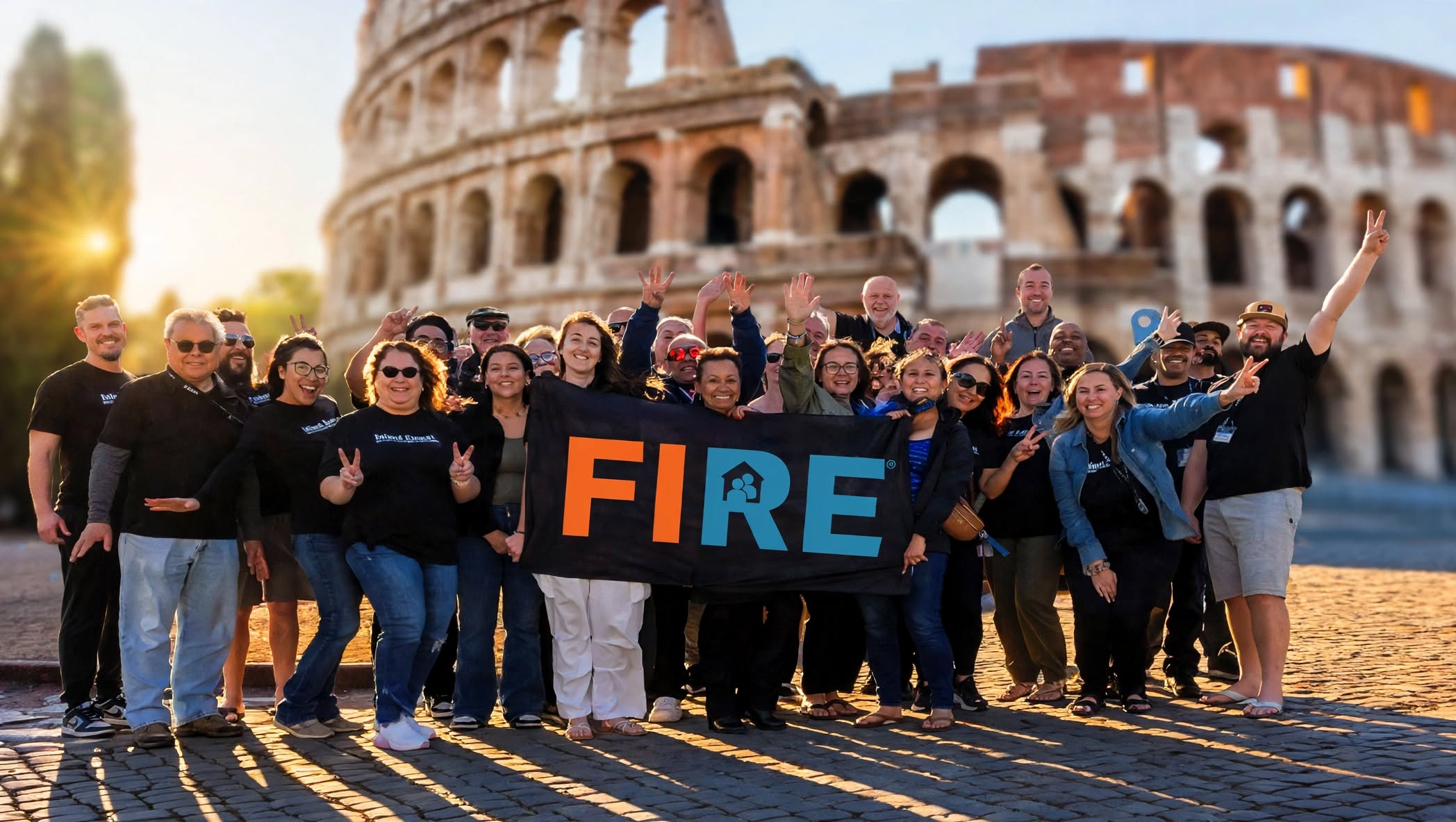 FIRE Center members holding the FIRE banner in front of the Colosseum in Rome