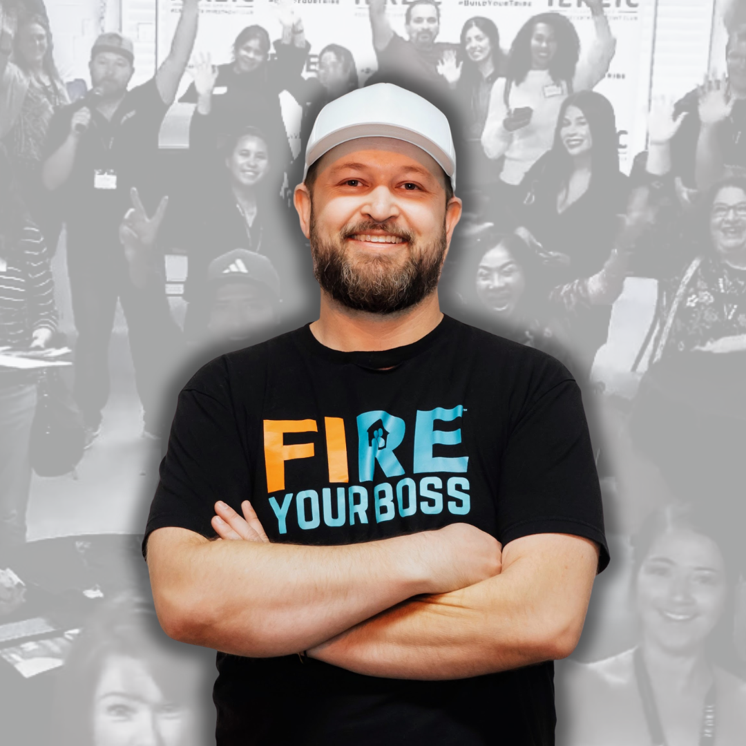 Rich Rice in a FIRE Your Boss shirt, arms crossed
