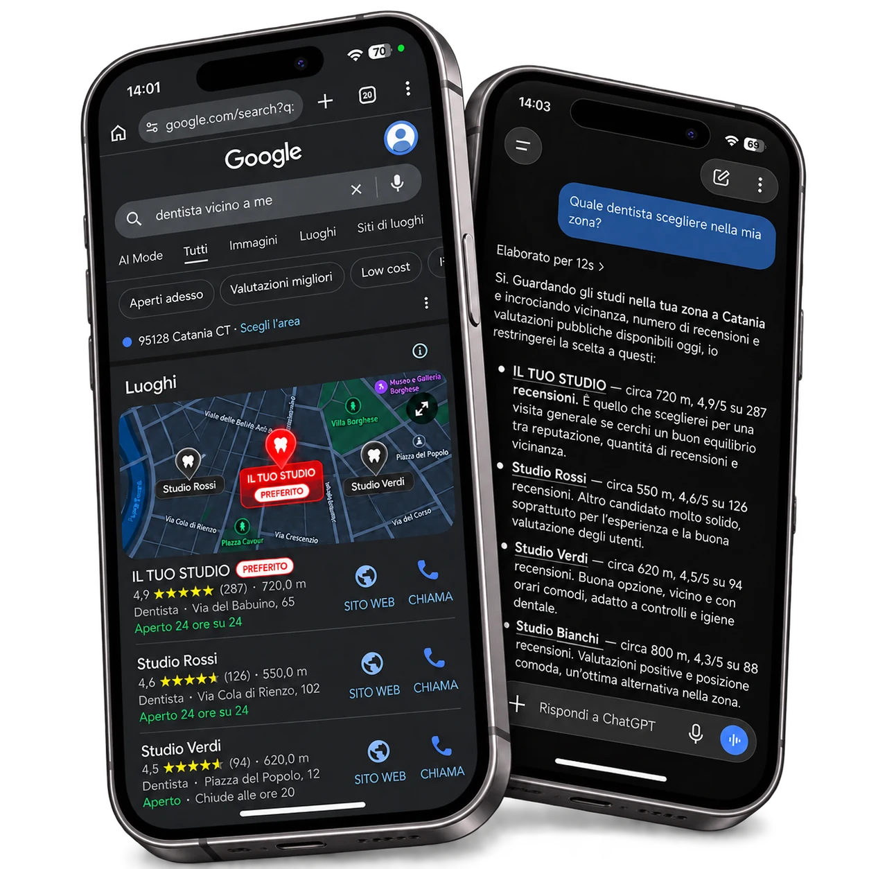 Confronto tra i risultati di Google Maps e i suggerimenti di un assistente AI