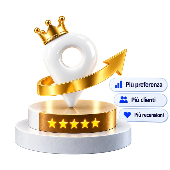 Un segnaposto di mappa con la corona su un podio d’oro a cinque stelle, affiancato dalle etichette Più preferenza, Più clienti, Più recensioni