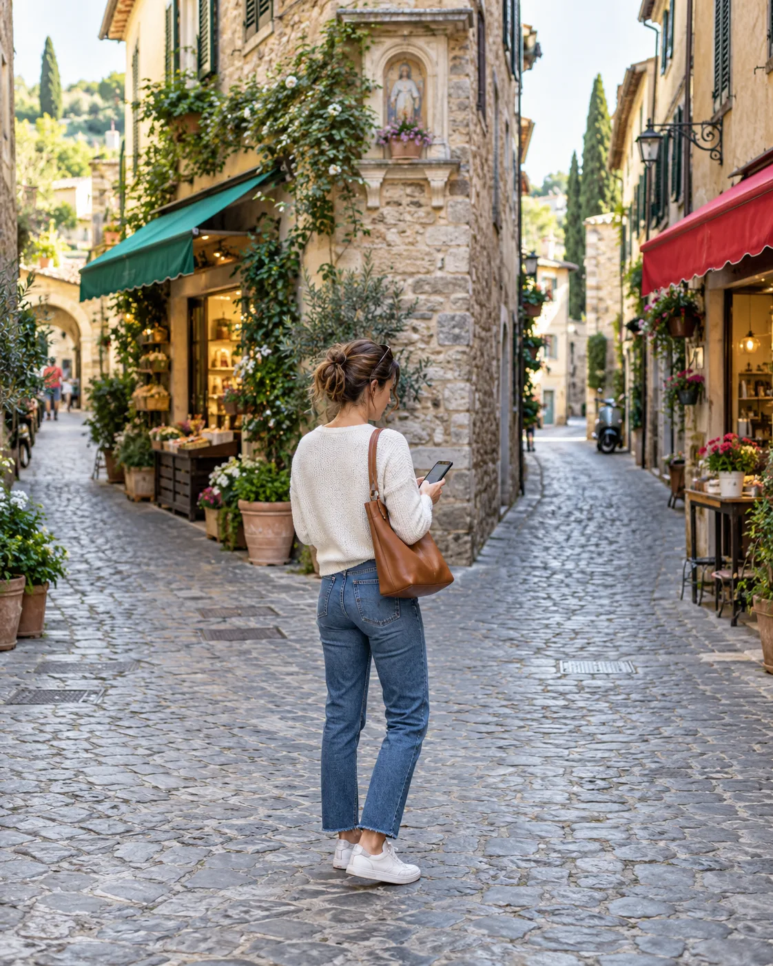 Una donna cerca un’attività in un vicolo del centro usando lo smartphone