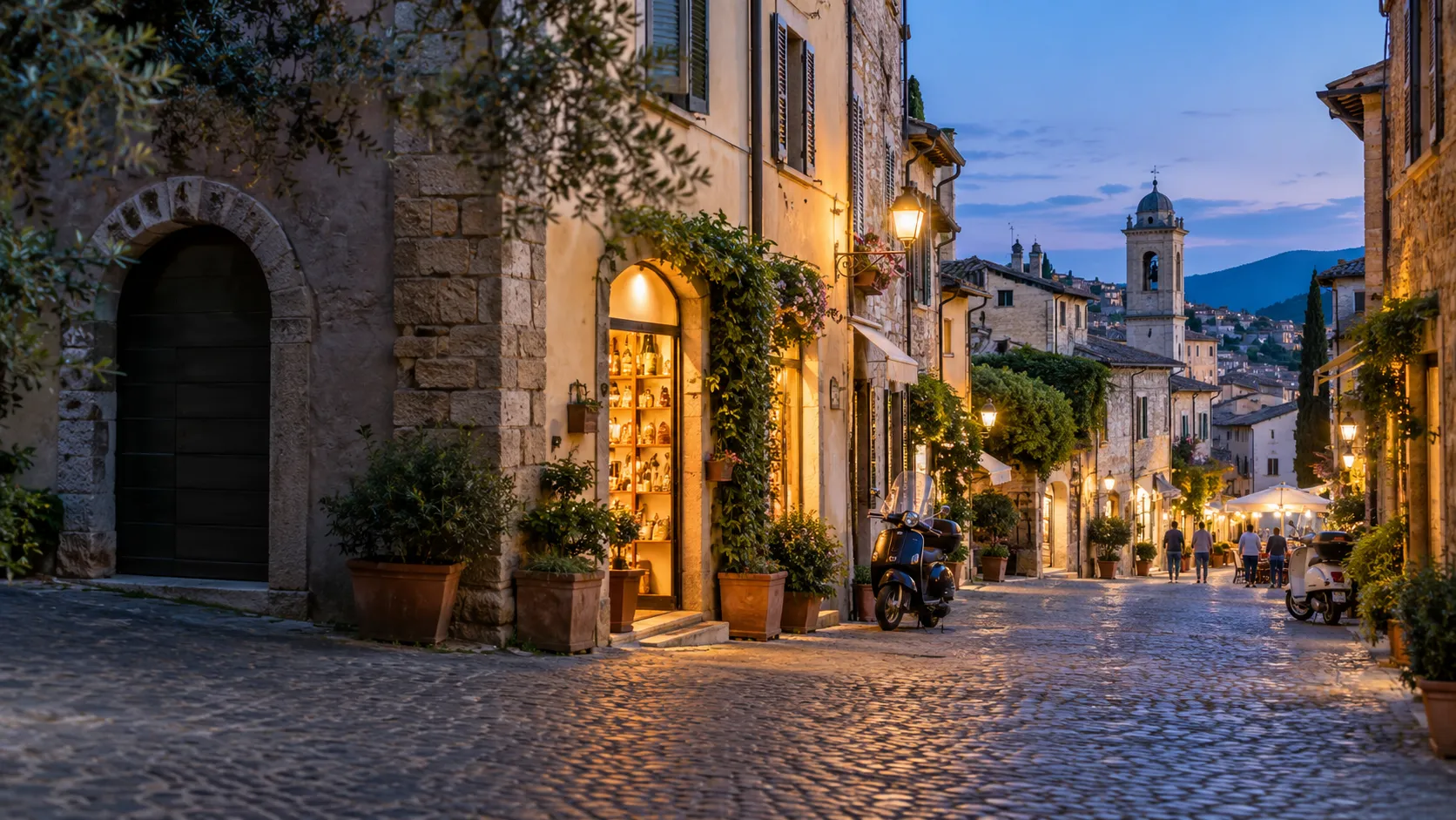 Una via del centro illuminata di sera, con le vetrine delle attività aperte
