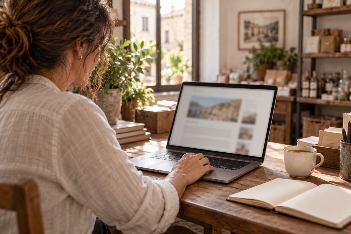 Una titolare al computer, con un articolo del blog sullo schermo