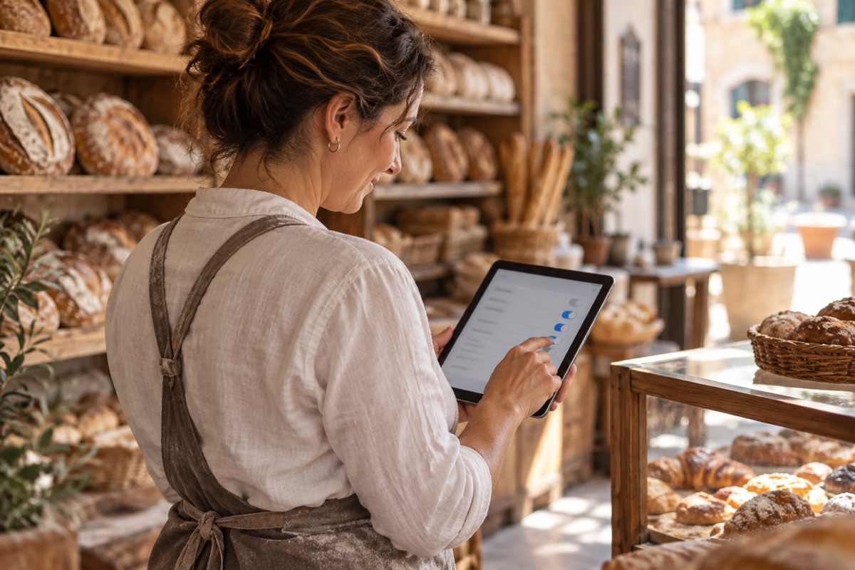 Una titolare di panetteria regola le impostazioni degli agenti dal tablet
