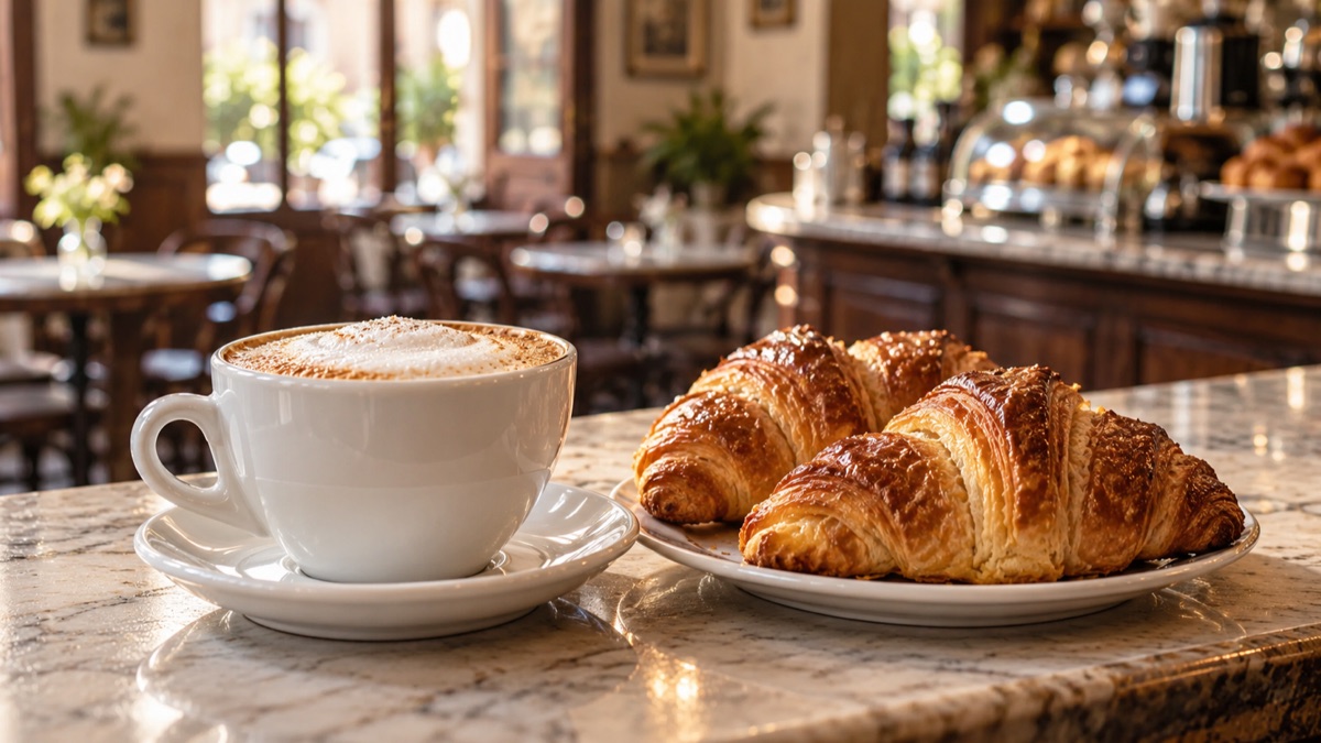 Cappuccino e cornetti sul bancone di un bar