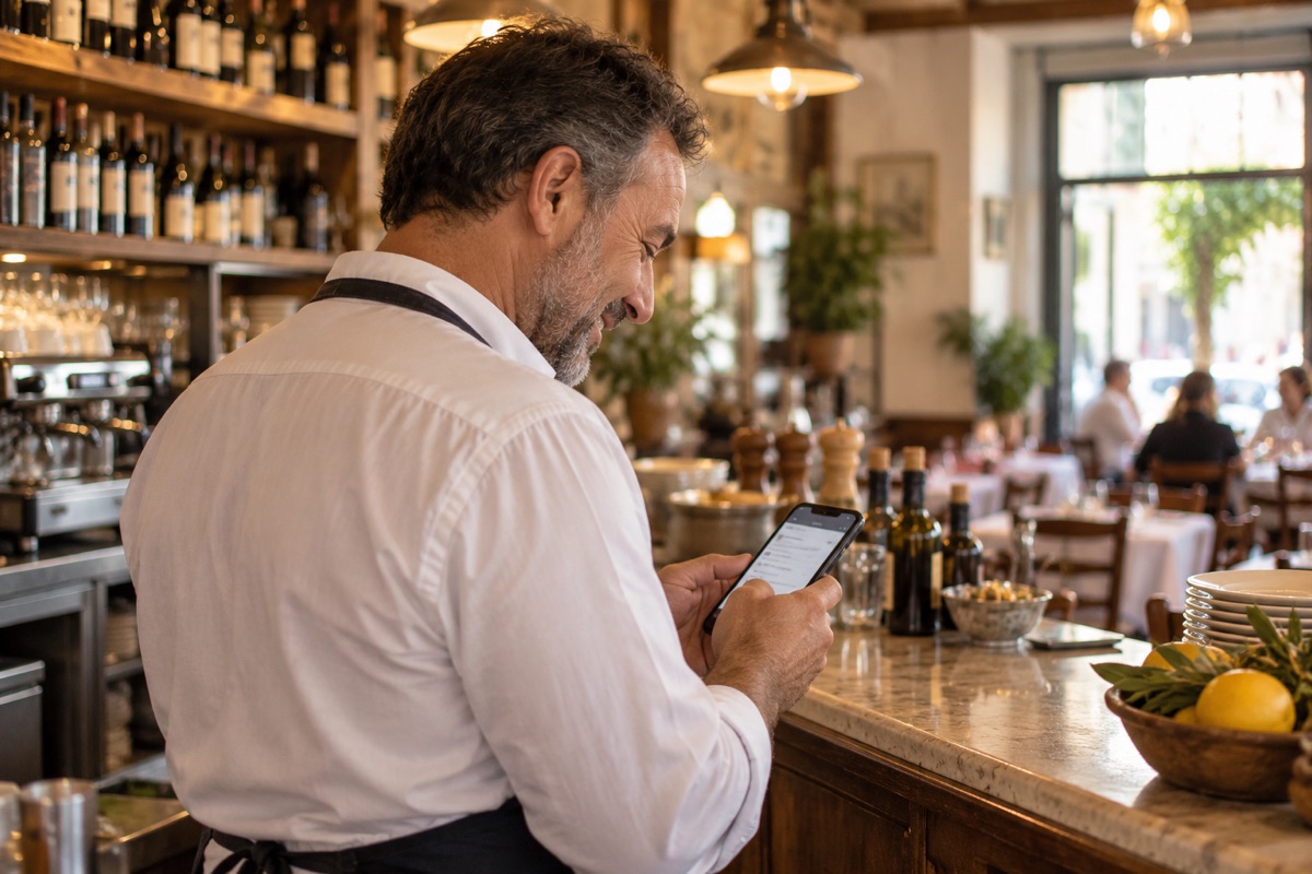 Il titolare di un ristorante legge sul telefono la risposta a una recensione