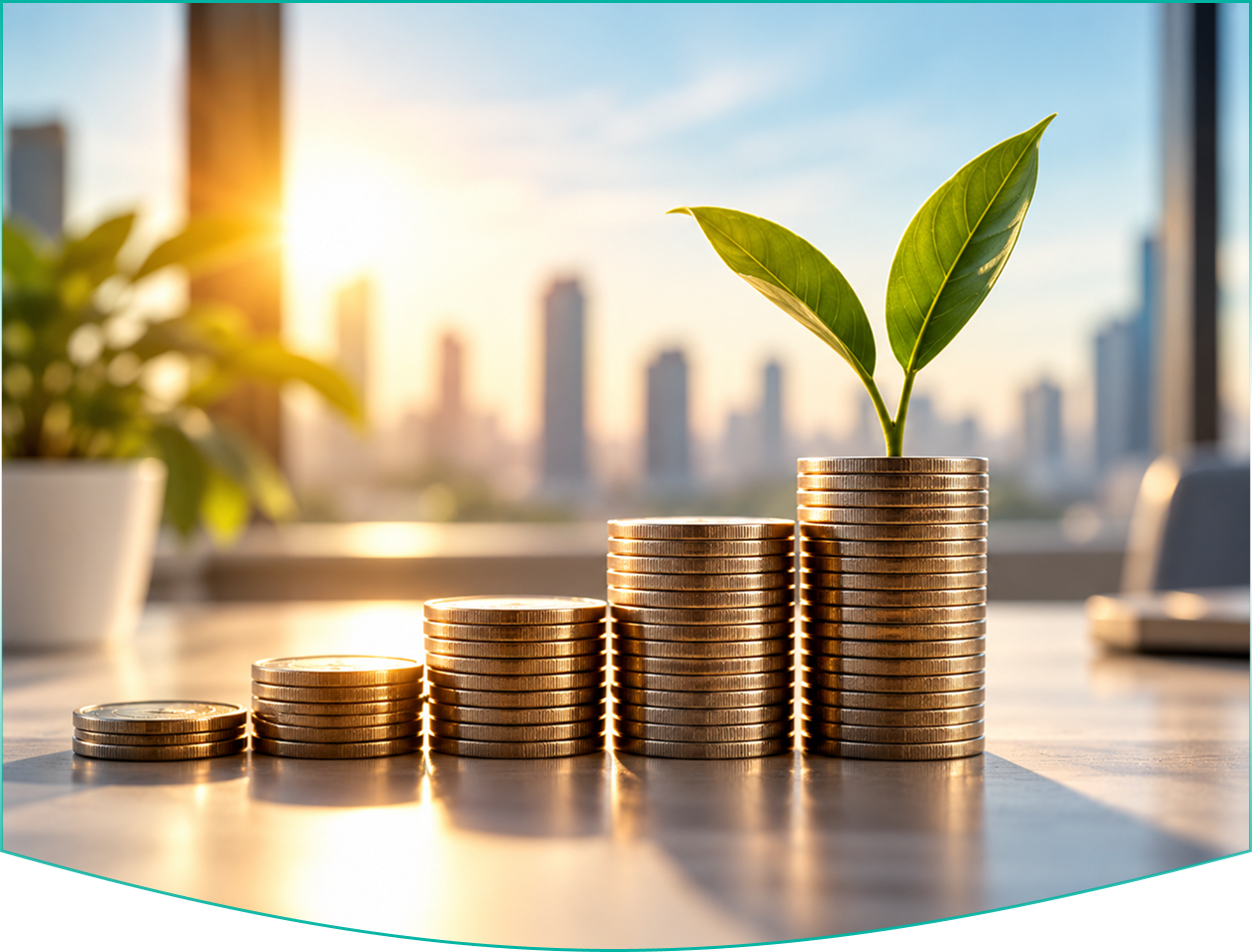 Stacks of coins with a growing plant