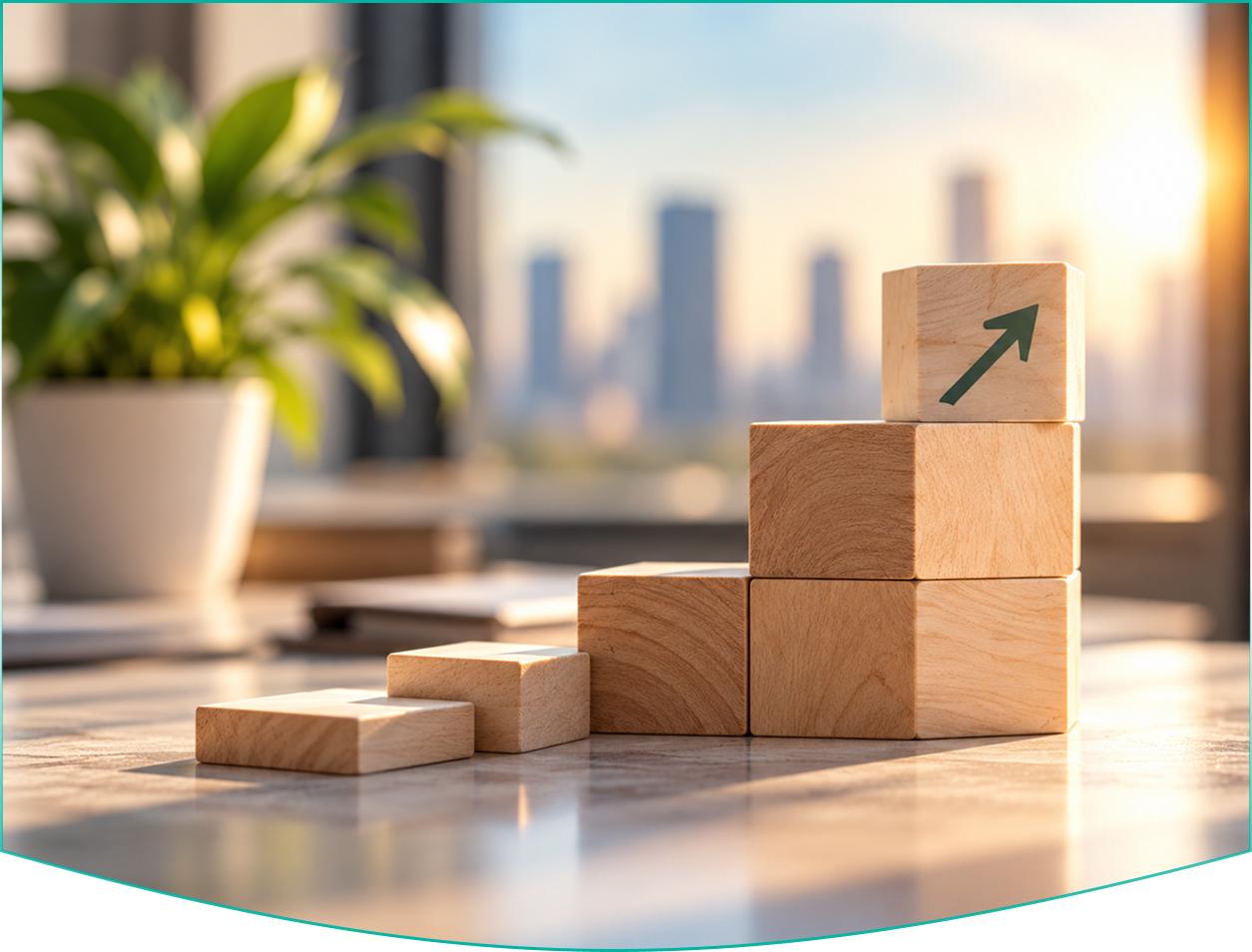 Wooden blocks forming steps with an upward arrow