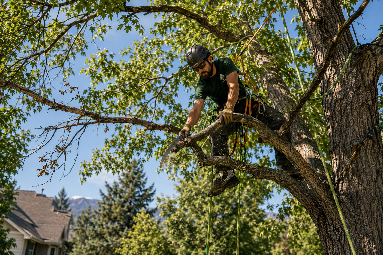 Arborist performing structural pruning on a mature tree in Denver