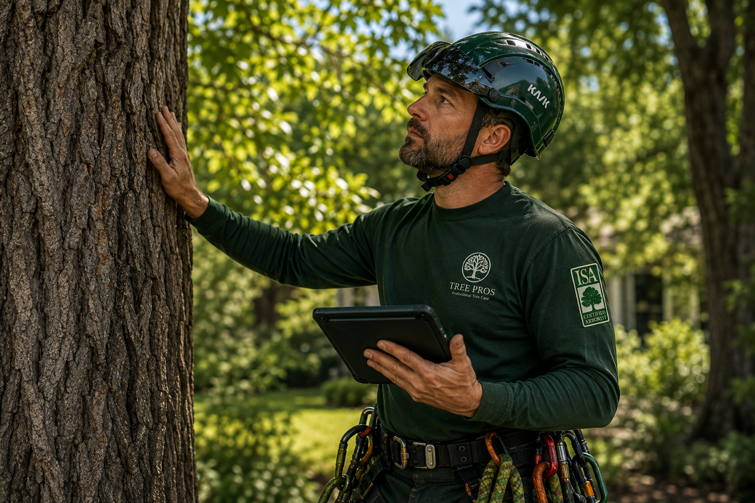 Certified arborist inspecting a tree in Denver