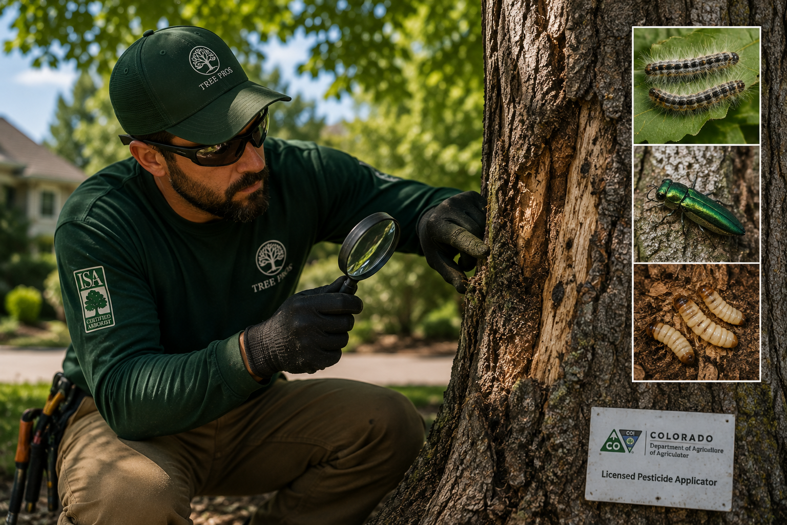 Arborist inspecting tree for insect damage in Denver