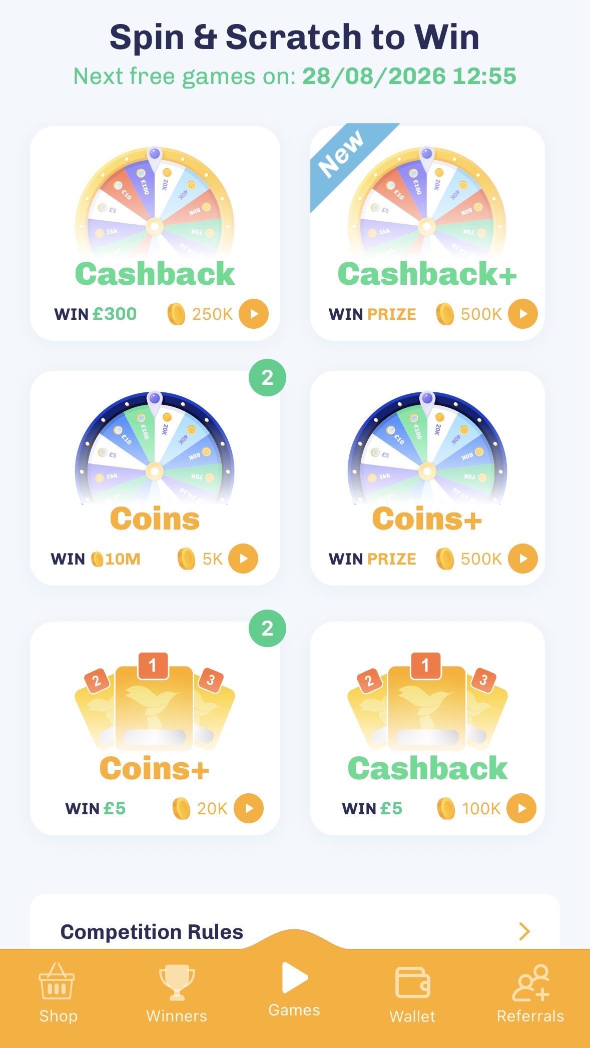 Everup spin and scratch games screen Everup spin and scratch games screen