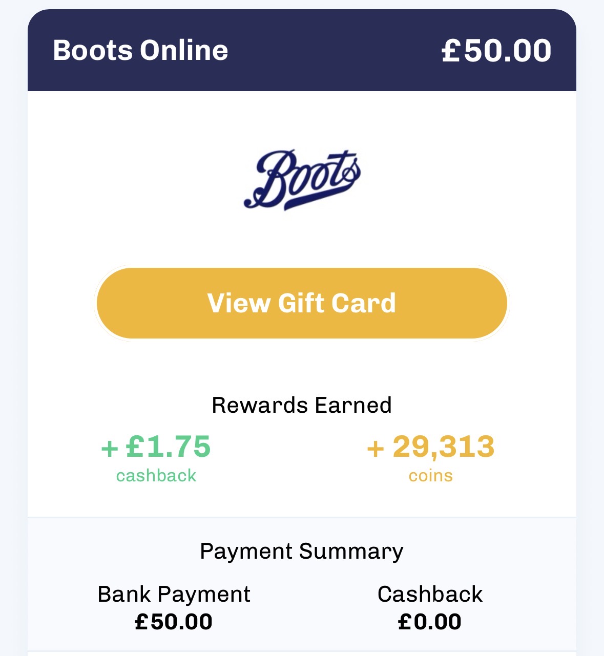 Everup cashback and coins earned on a fifty pound Boots gift card Everup cashback and coins earned on a fifty pound Boots gift card