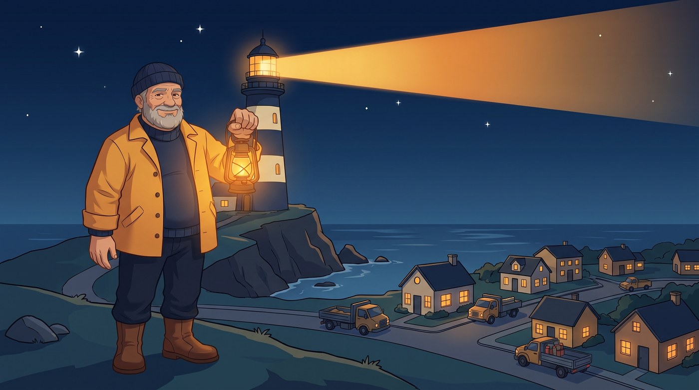 The Northlight keeper watching over a town at night