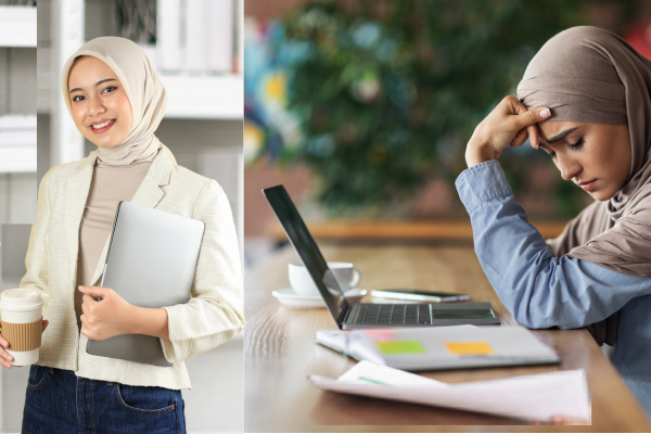 امرأة محجبة تبدو واثقة وتحمل حاسوبًا محمولًا وكوب قهوة، بجانب مشهد آخر لامرأة محجبة مرهقة تجلس أمام اللابتوب وتضع يدها على رأسها، في مقارنة بصرية بين الطاقة العصبية المرتفعة والاستنزاف الذهني الناتج عن الضغط والإجهاد.