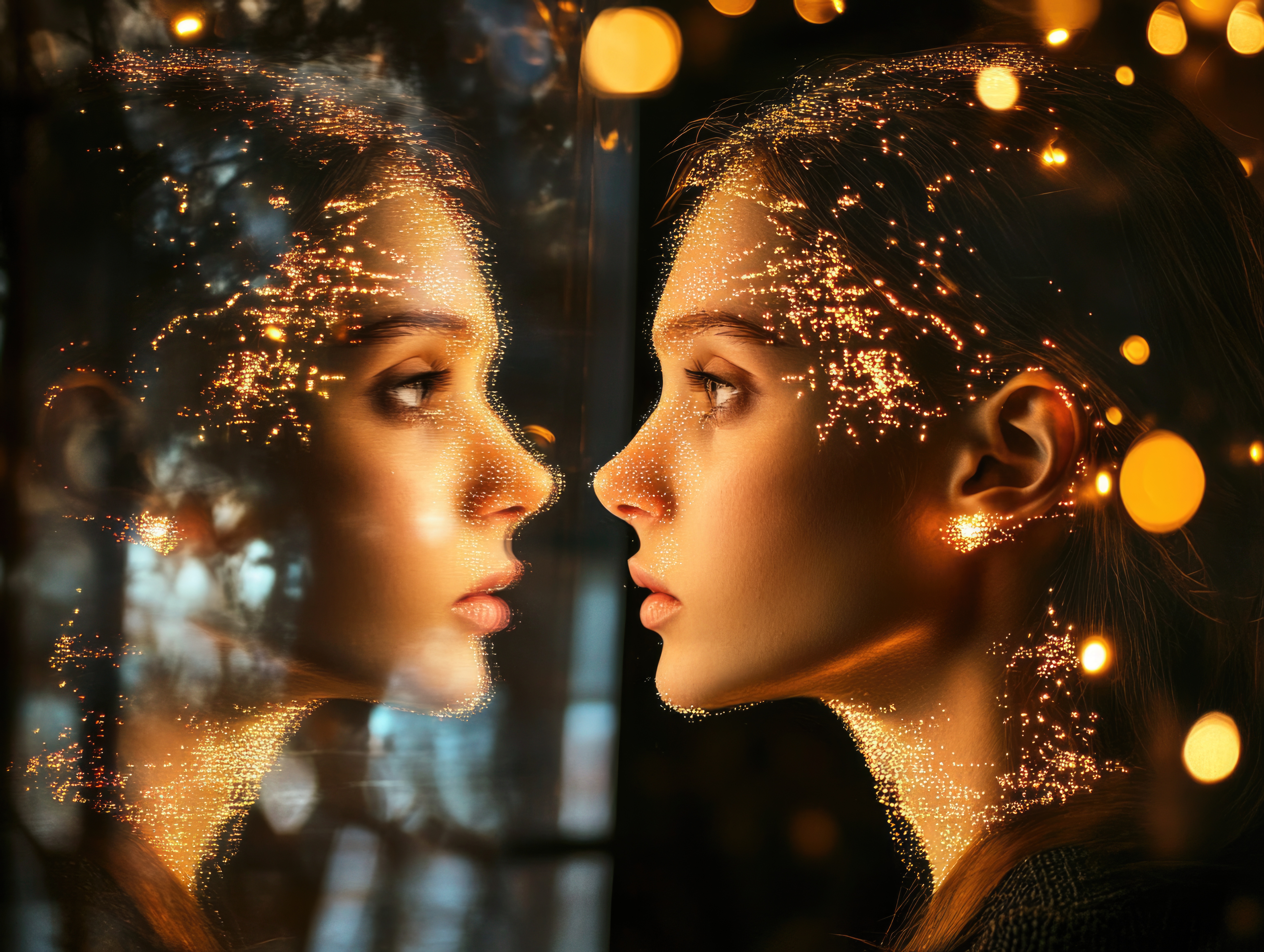 Femme observant son reflet lumineux dans une vitre, symbolisant les croyances inconscientes sur l'argent, les schémas hérités de l'enfance et la construction de l'identité financière. Femme observant son reflet lumineux dans une vitre, symbolisant les croyances inconscientes sur l'argent, les schémas hérités de l'enfance et la construction de l'identité financière.