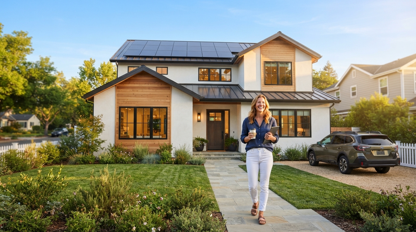 Happy homeowner standing outside a modern home with rooftop solar panels