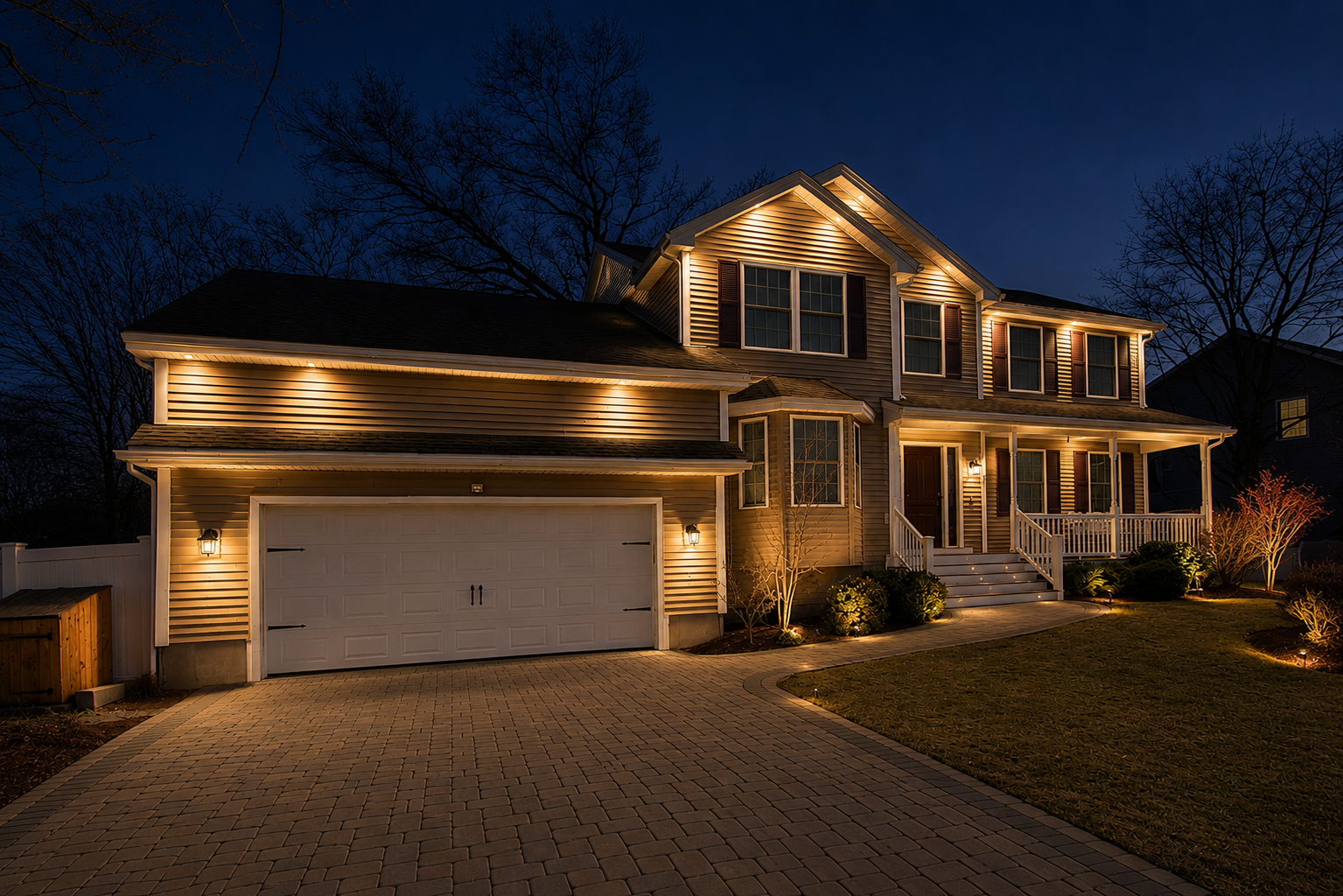 Home exterior lighting — nighttime, color-changing glow