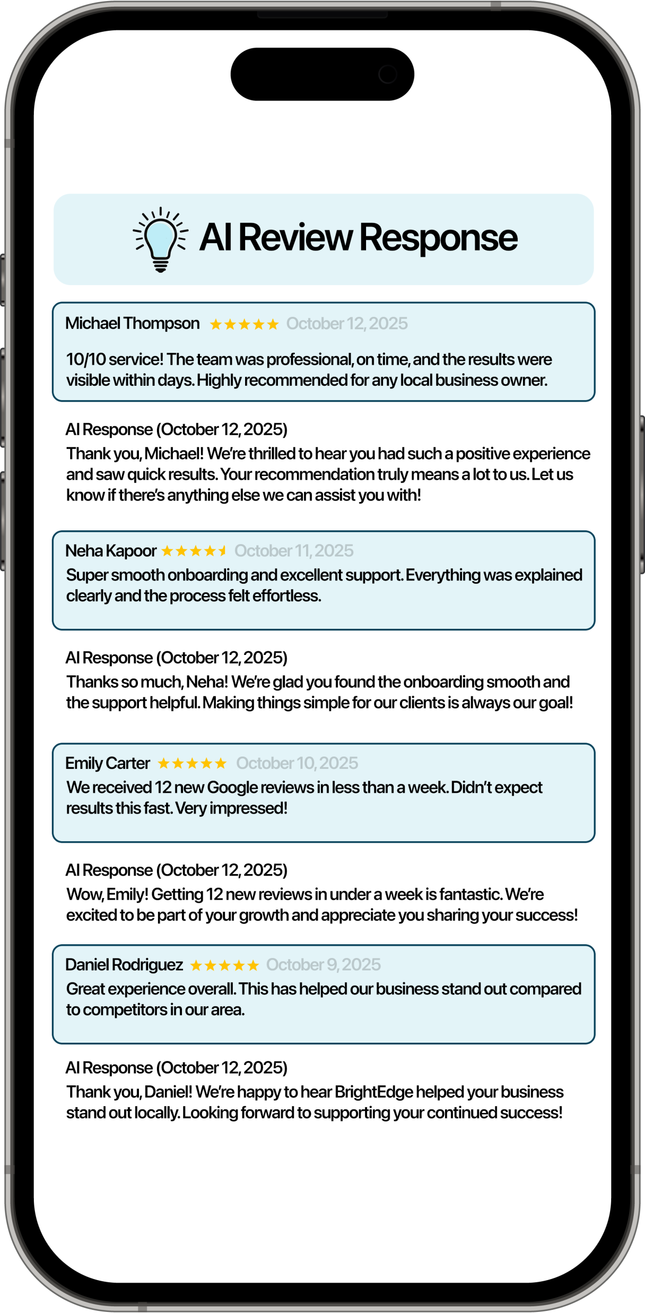 App showing AI review responses