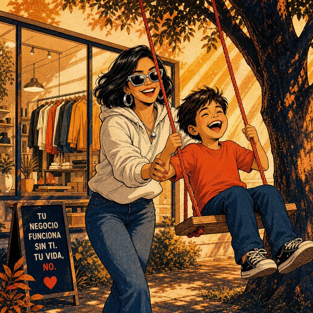 Dueña jugando con su hijo en el columpio