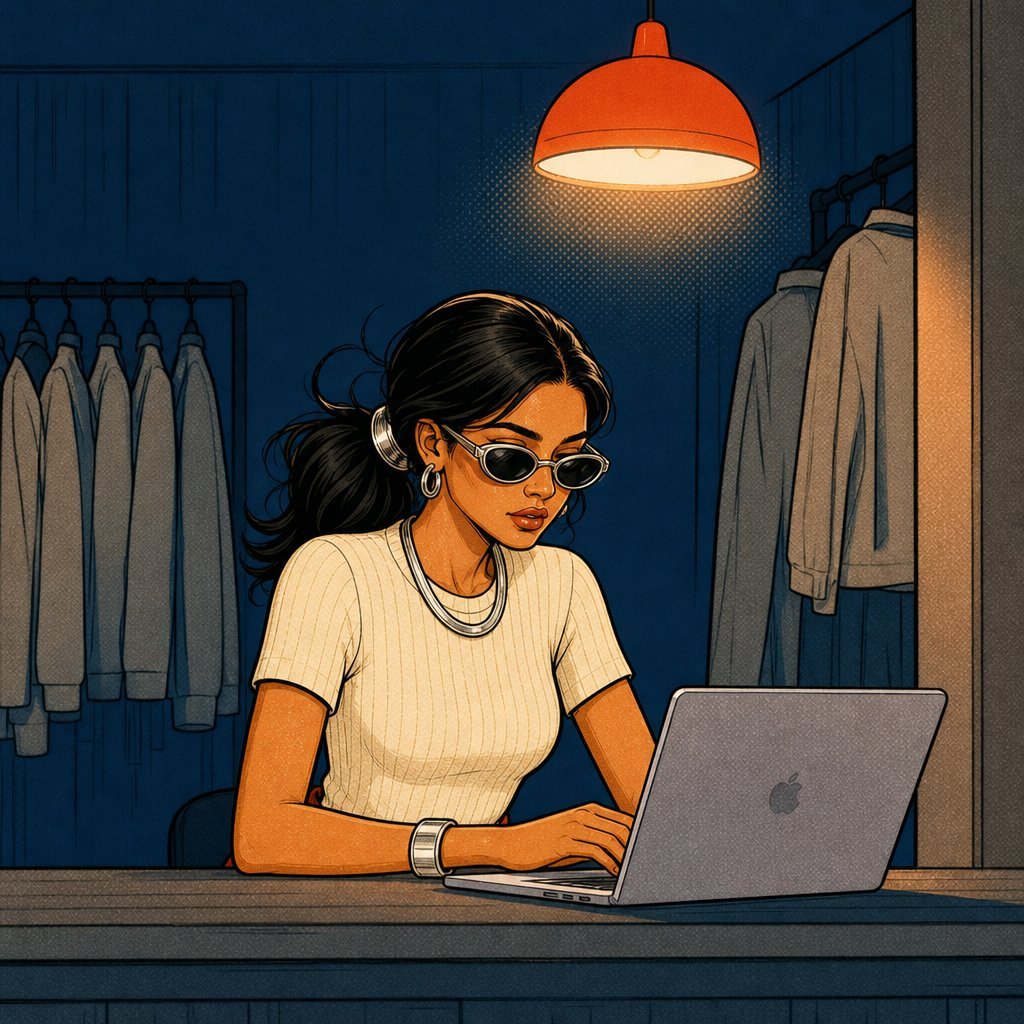 Dueña trabajando de noche en la tienda