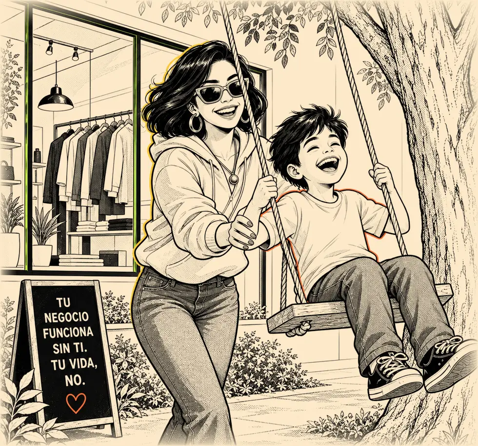 Dueña columpiando a su hijo afuera de su tienda
